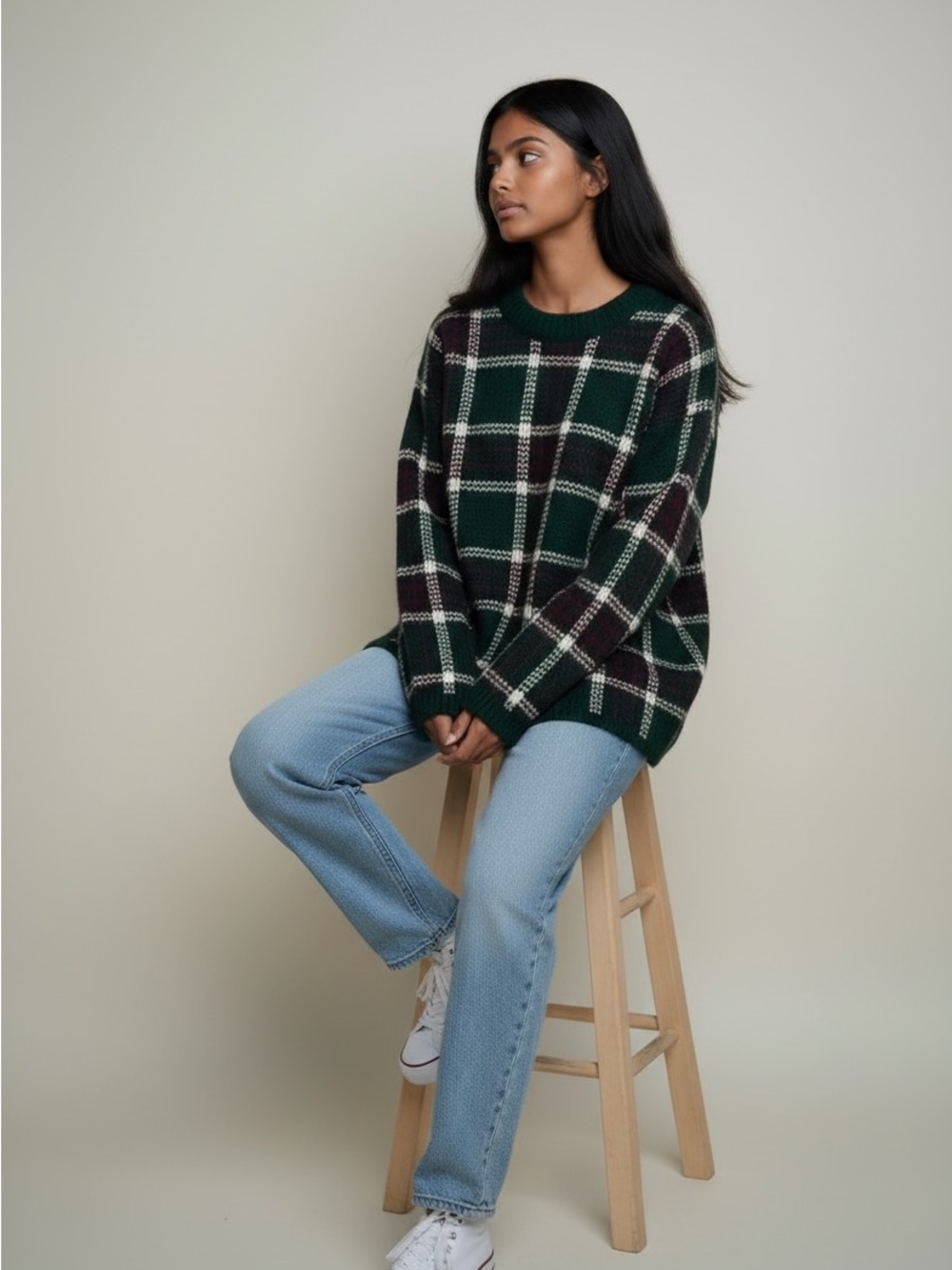 VTG. 90’s oversize Mohair blend Tartan plaid green & burgandy sweater. SZ. S.